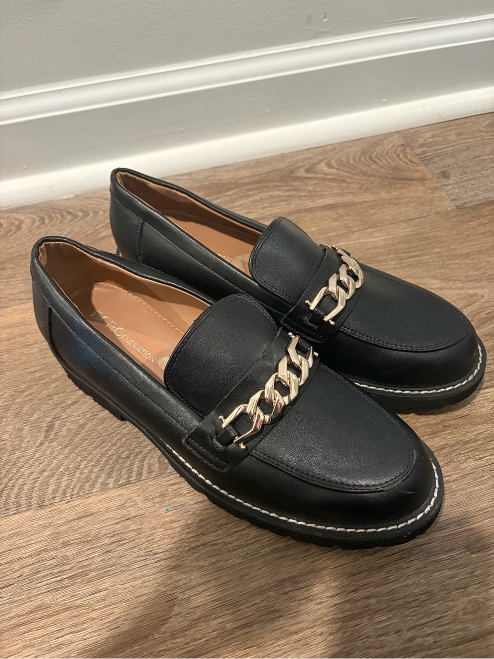 BCBGeneration Black Loafers with Gold Chain Accent